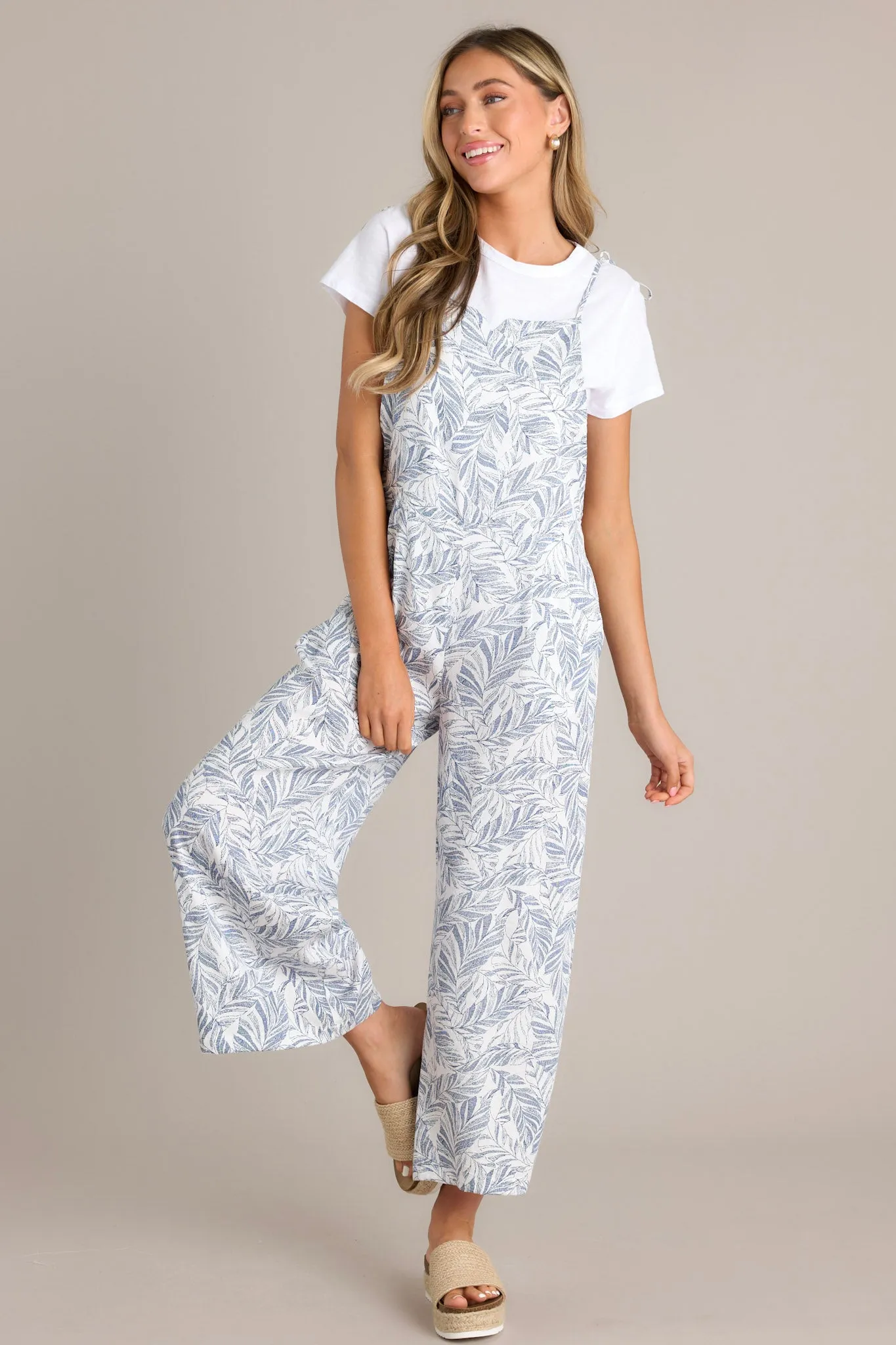 Palm Escape Navy Tropical Print Overalls