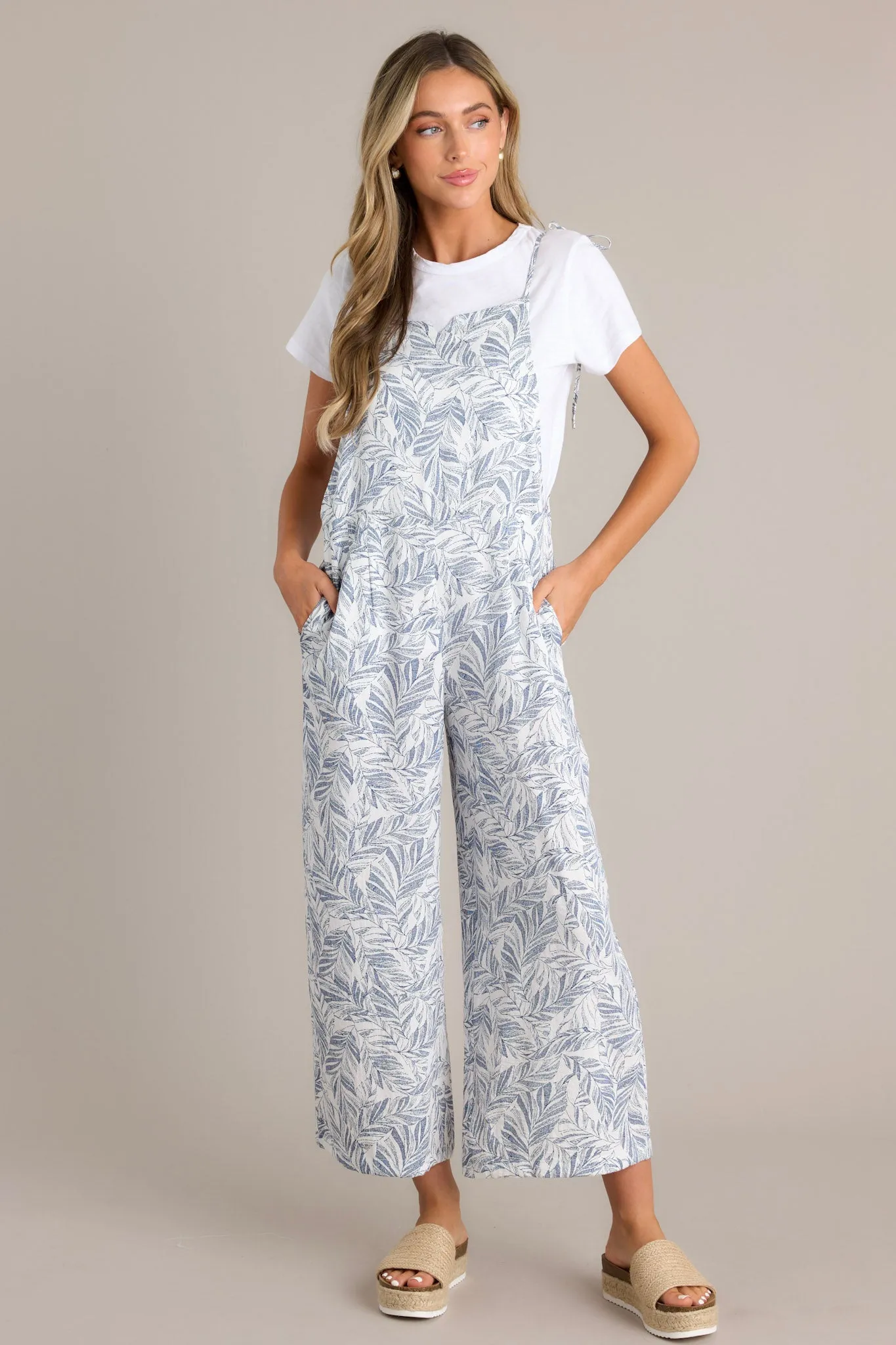 Palm Escape Navy Tropical Print Overalls