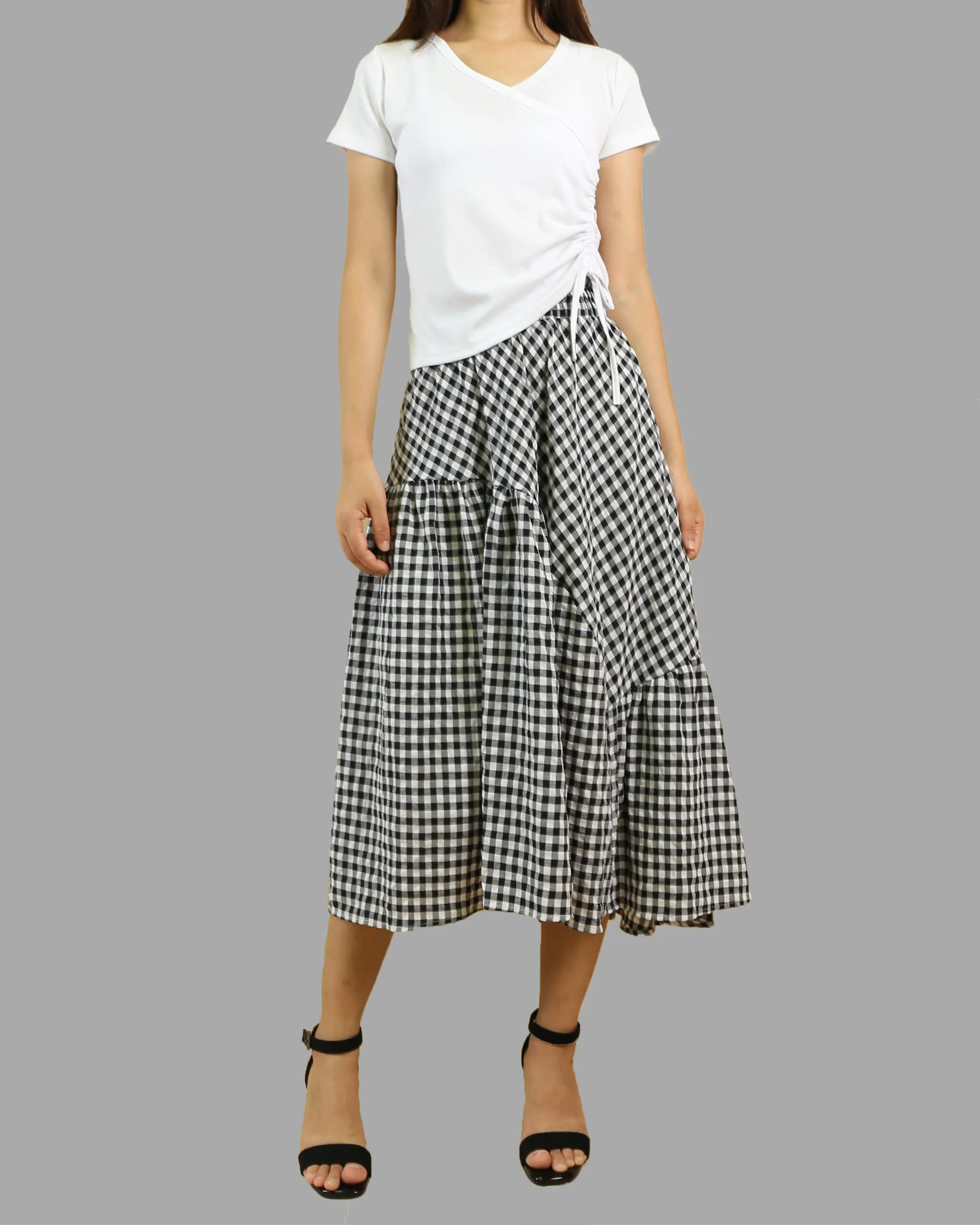 Plaid skirt, elastic waist skirt, high waist skirt, midi linen skirt, flared skirt, checkered skirt(Q1060)