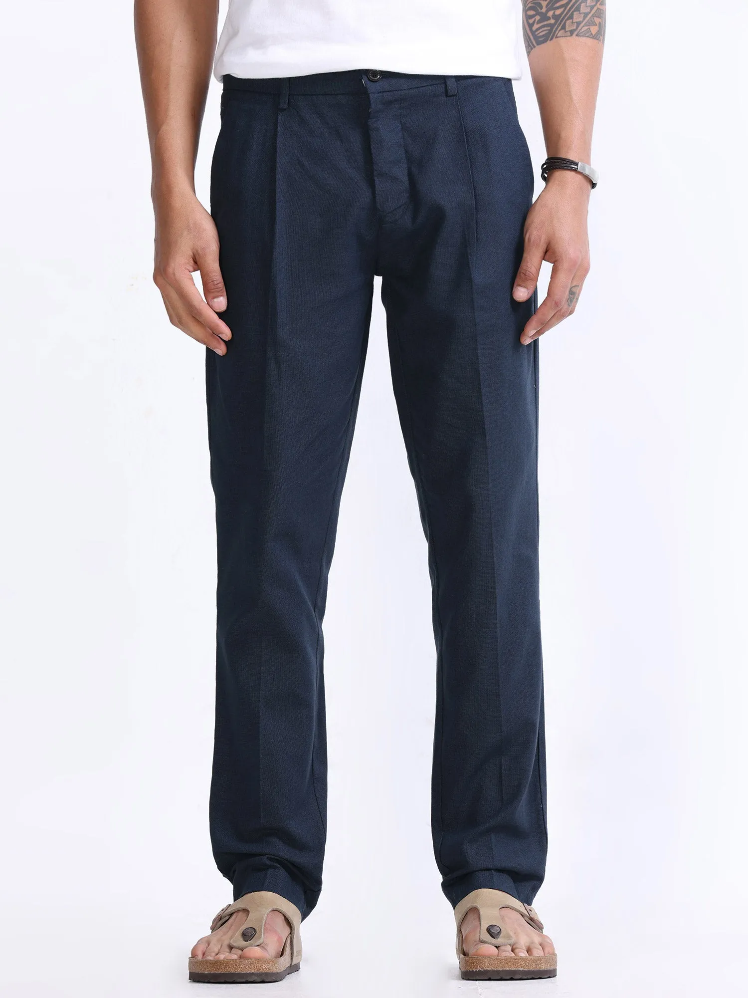 Raw Slub Navy Pleated Pant