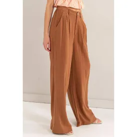 Rust Brown Linen Blend Pleated Wide Leg Pants