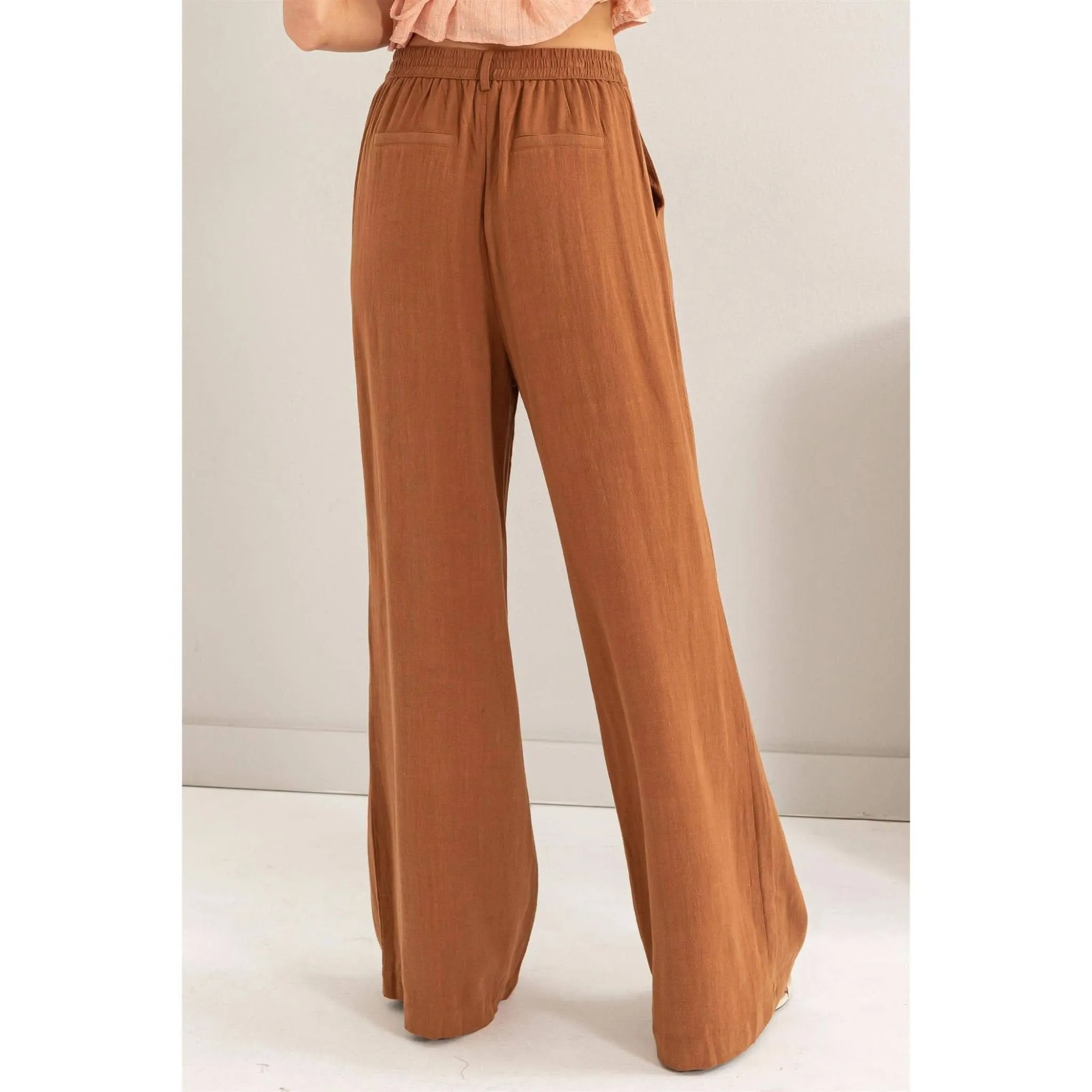 Rust Brown Linen Blend Pleated Wide Leg Pants