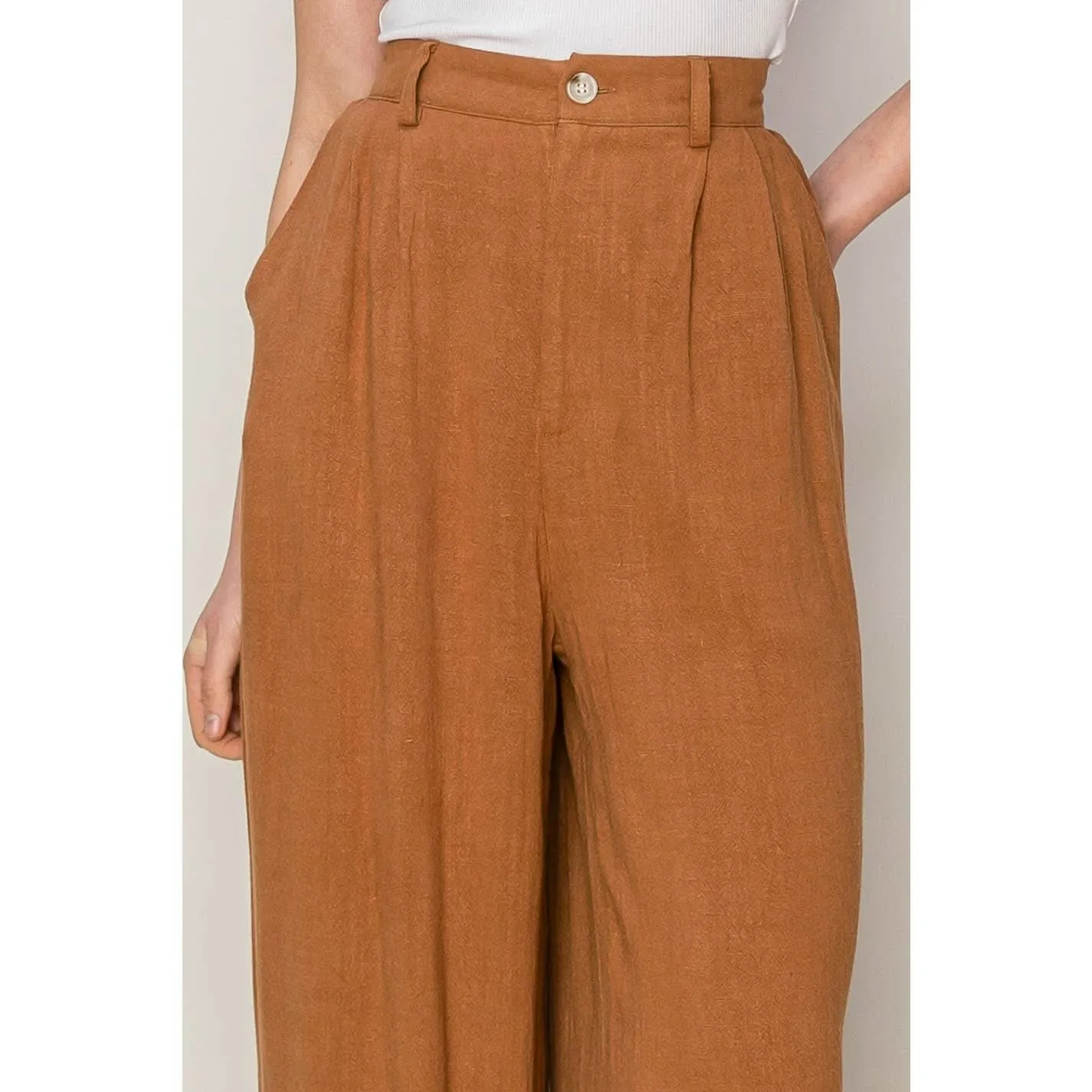 Rust Brown Linen Blend Pleated Wide Leg Pants