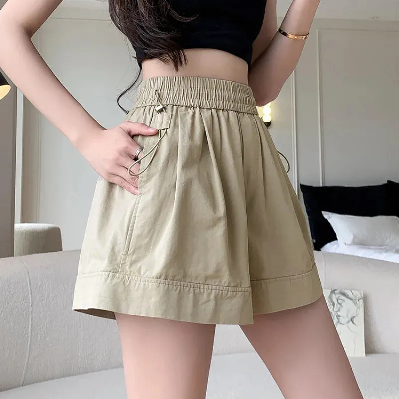 Solid Color A-line High Waist Elastic Loose Shorts