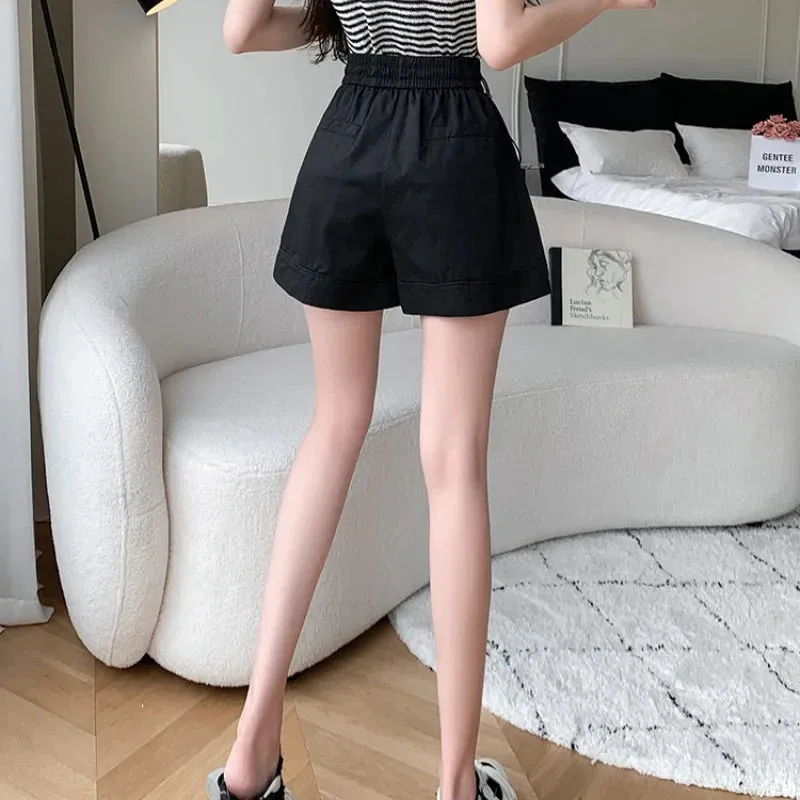 Solid Color A-line High Waist Elastic Loose Shorts