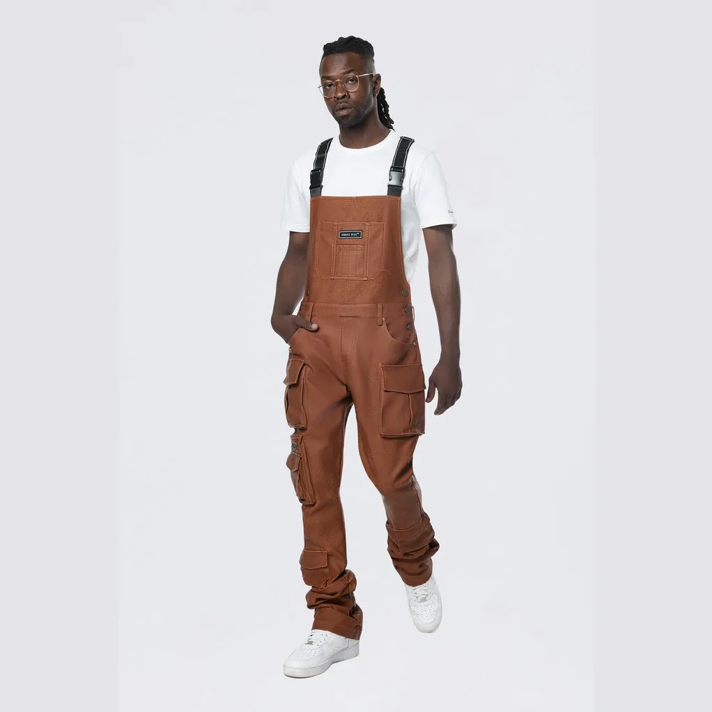 Stacked Vegan Leather Overalls - Washed Brown