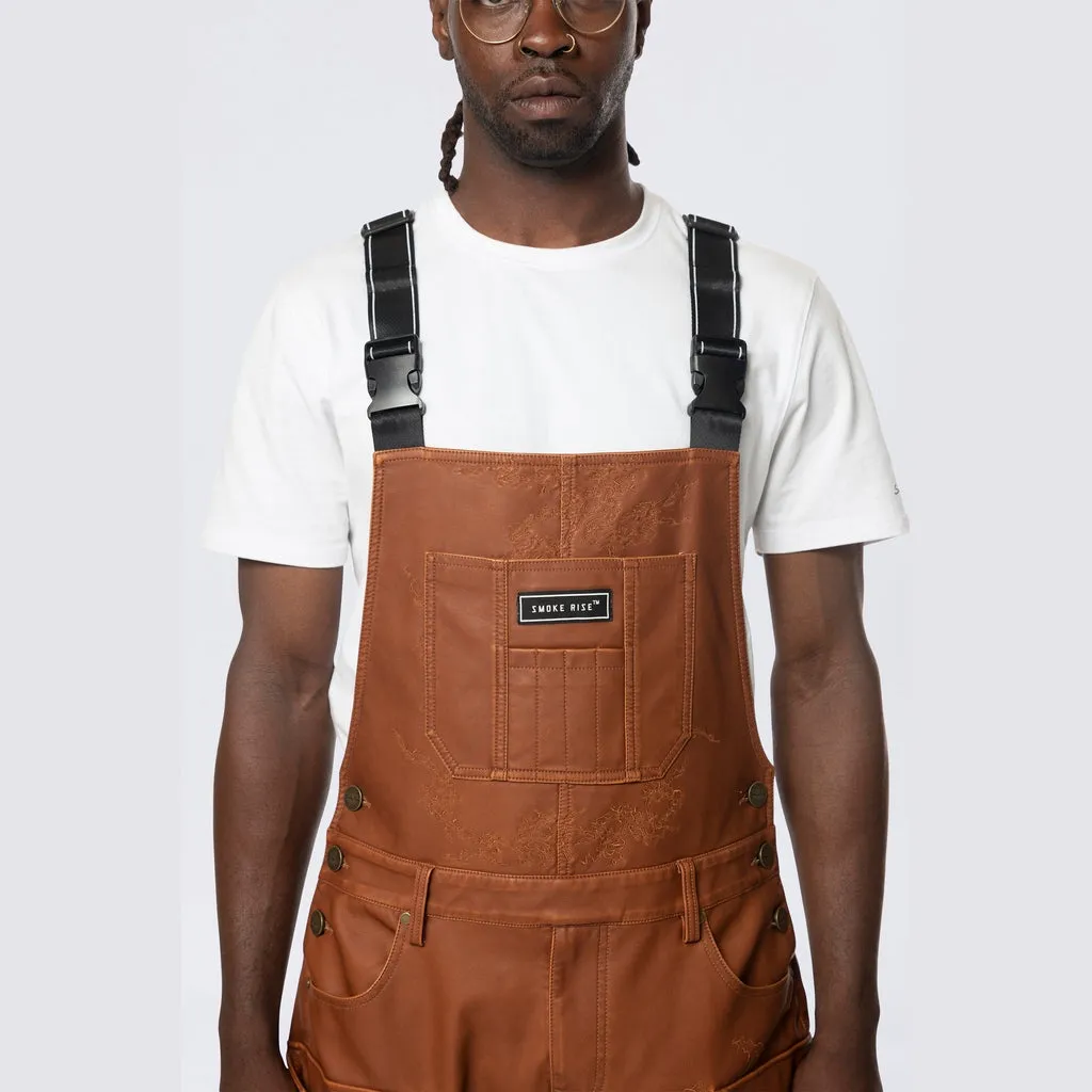 Stacked Vegan Leather Overalls - Washed Brown