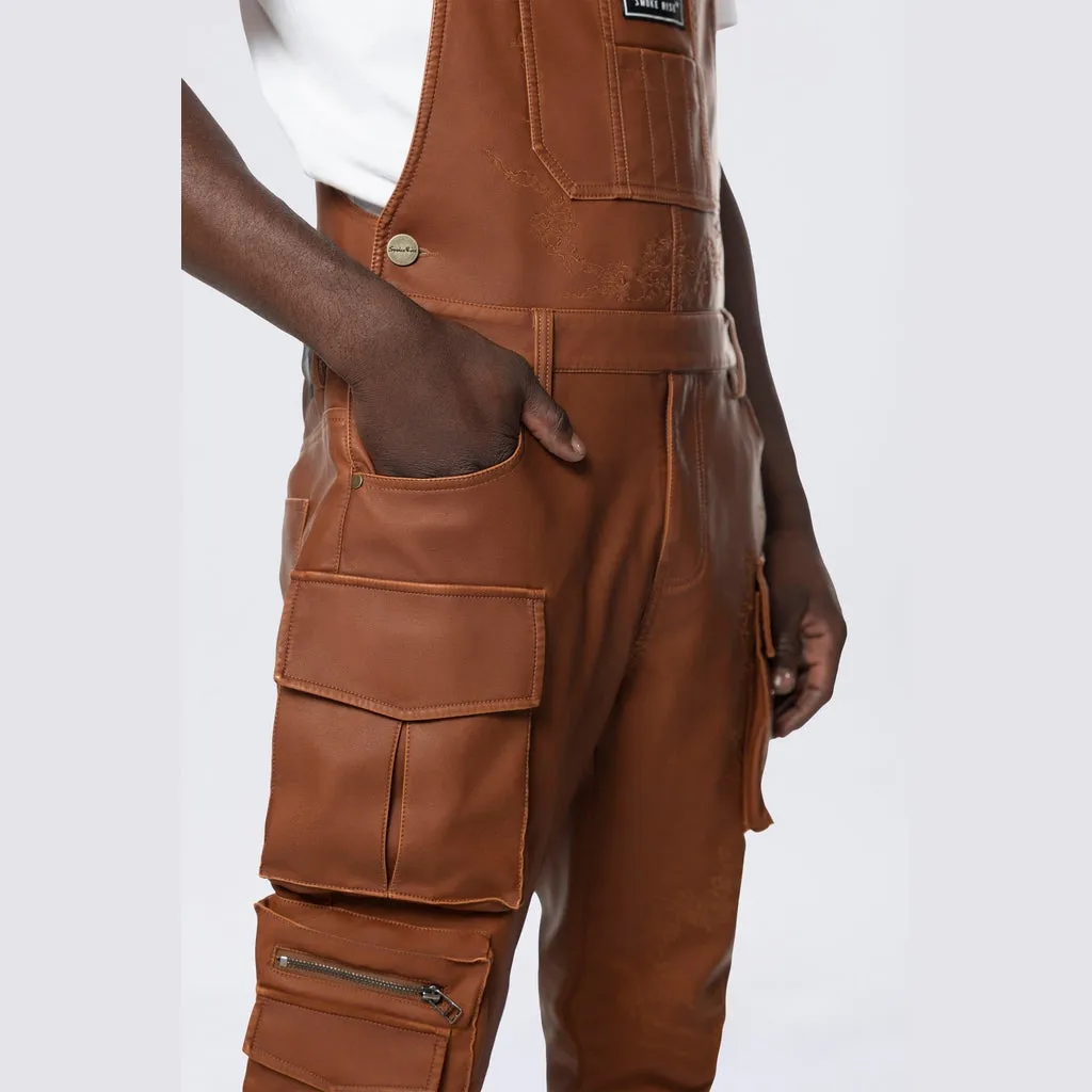 Stacked Vegan Leather Overalls - Washed Brown