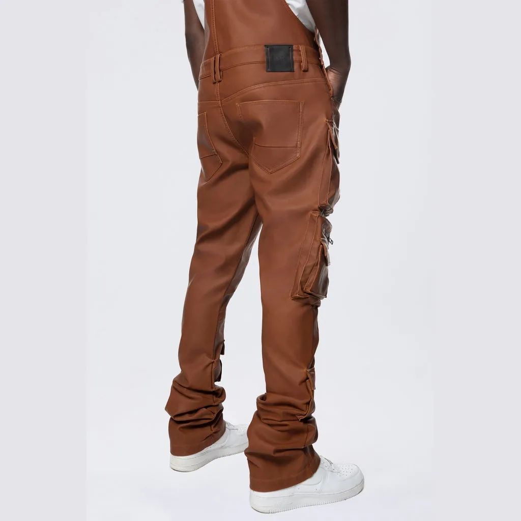 Stacked Vegan Leather Overalls - Washed Brown