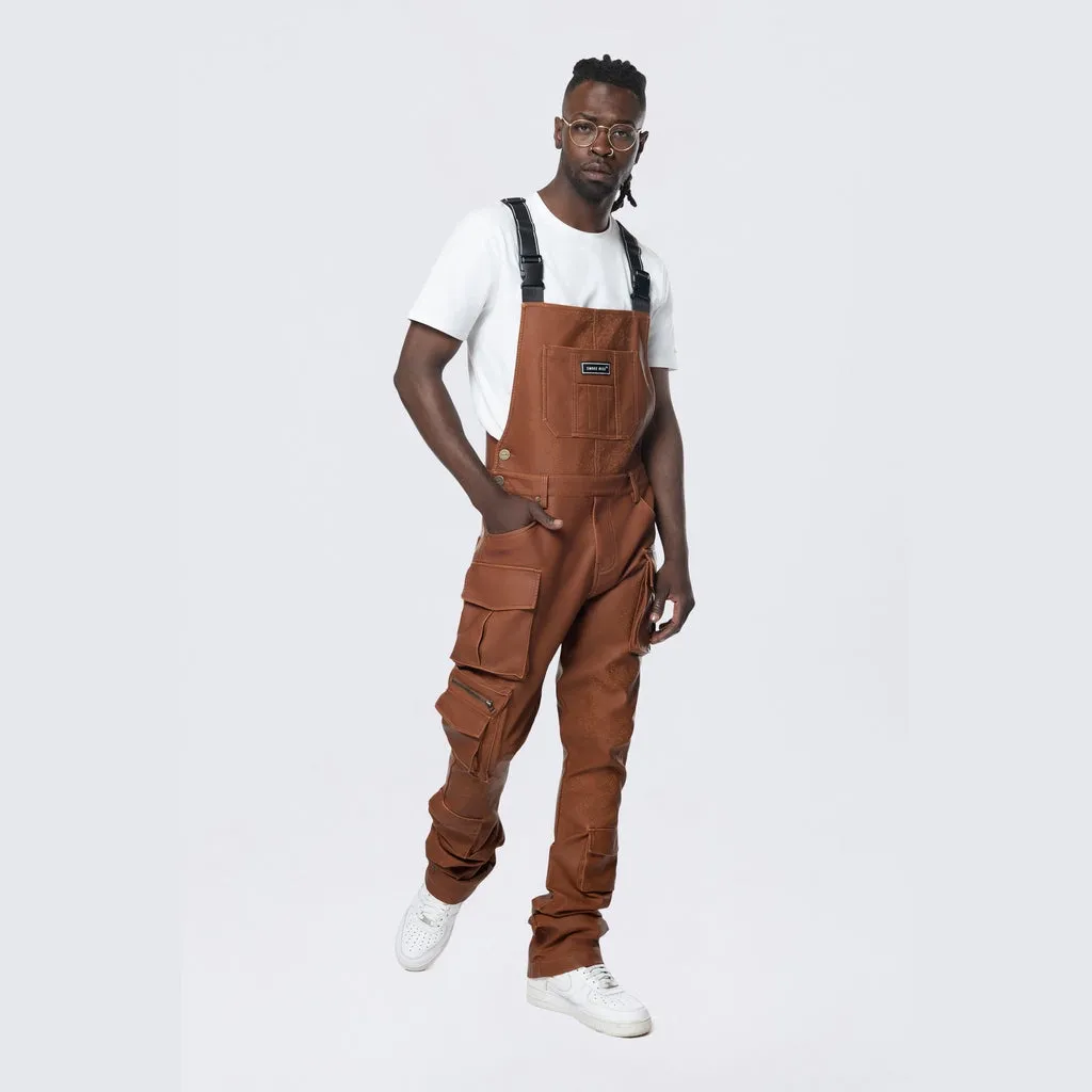 Stacked Vegan Leather Overalls - Washed Brown