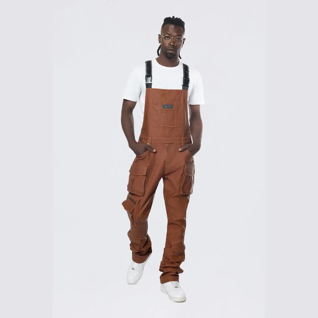 Stacked Vegan Leather Overalls - Washed Brown