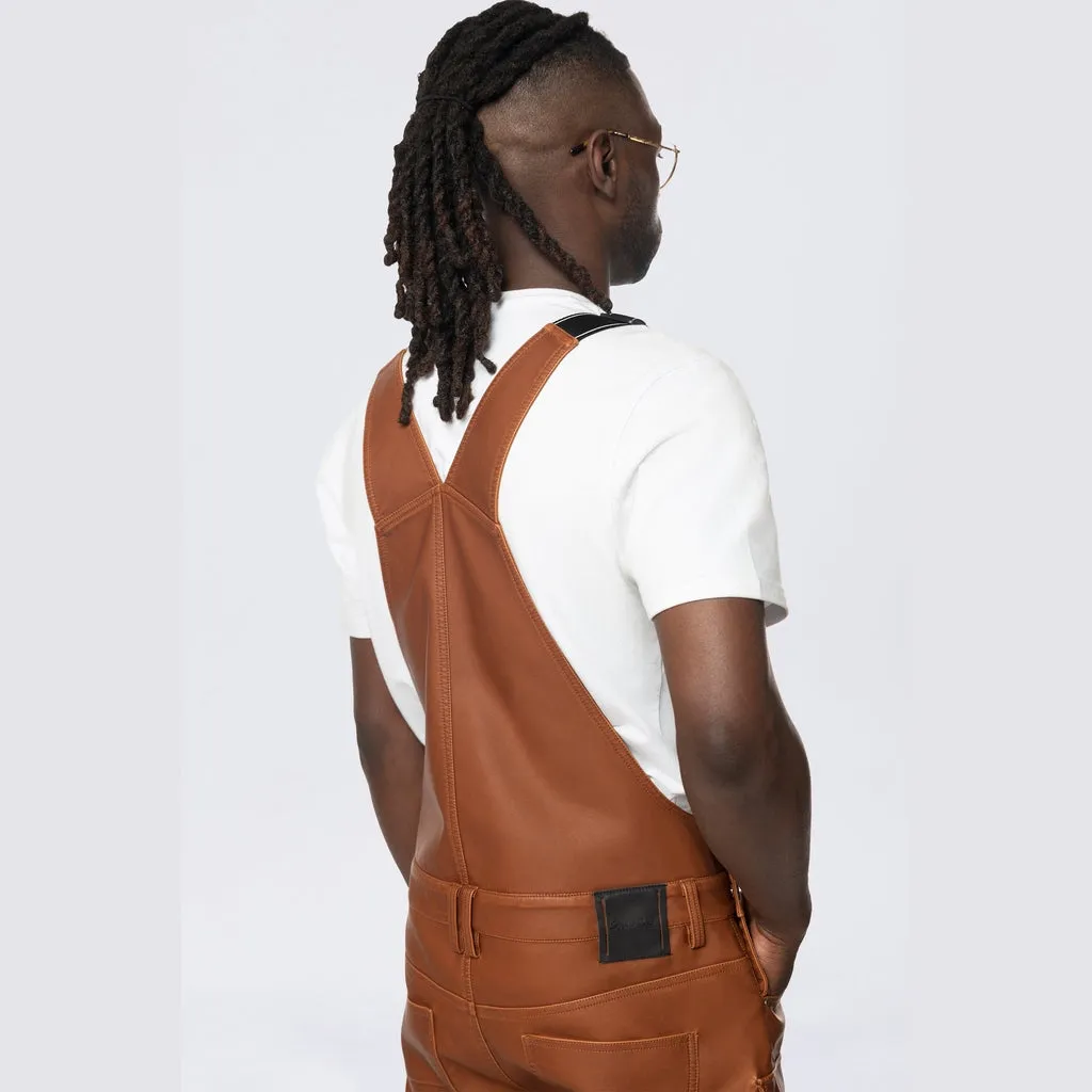 Stacked Vegan Leather Overalls - Washed Brown