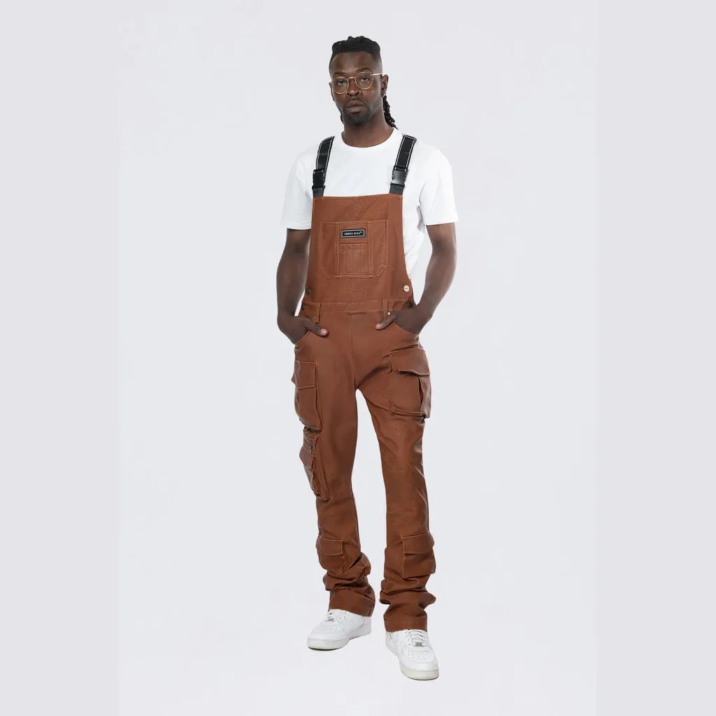 Stacked Vegan Leather Overalls - Washed Brown