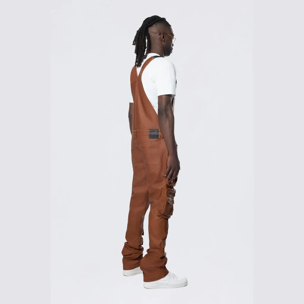 Stacked Vegan Leather Overalls - Washed Brown