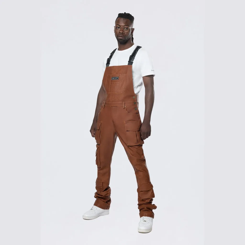 Stacked Vegan Leather Overalls - Washed Brown