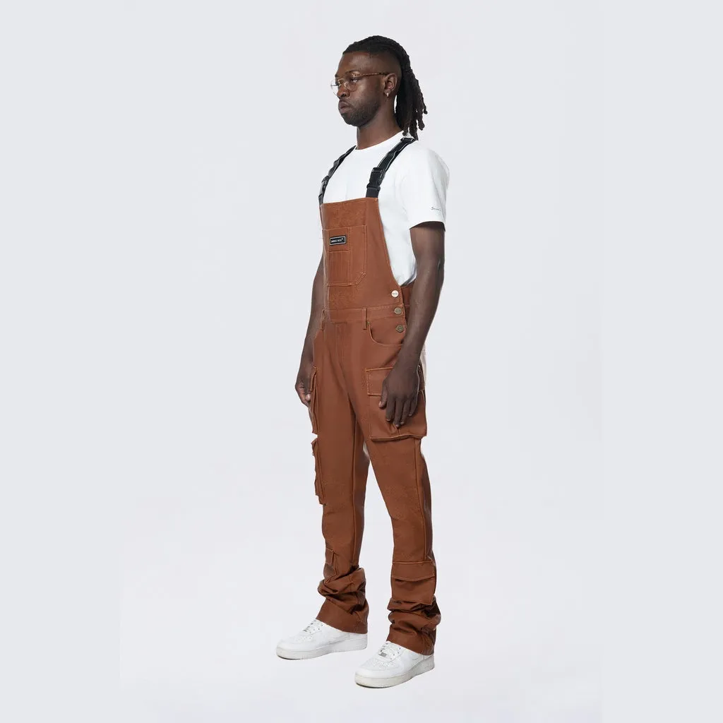 Stacked Vegan Leather Overalls - Washed Brown