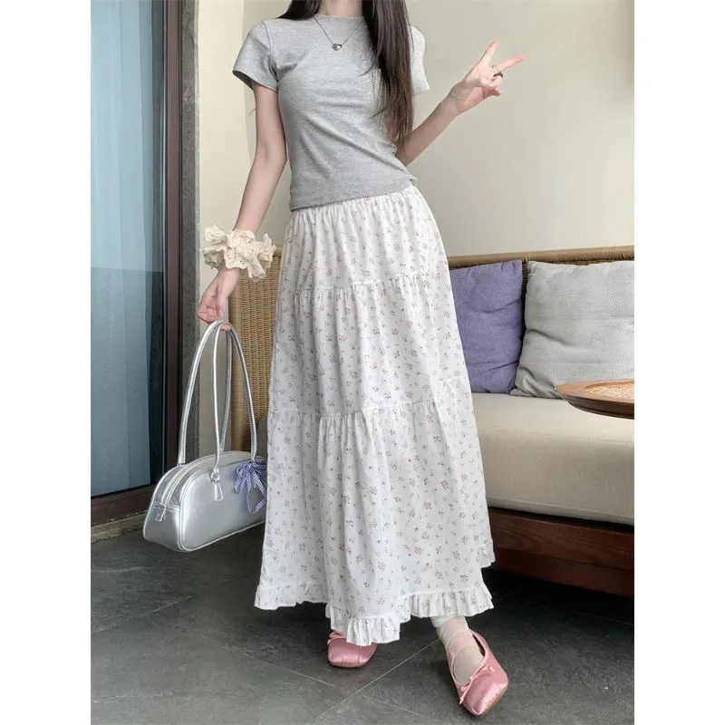 Territory 90s fashion Sweet Floral Wooden Ear Cake Skirt Women's Summer Skirt Slimming High Waist A- line Skirt Mid-Length Umbrella Skirt