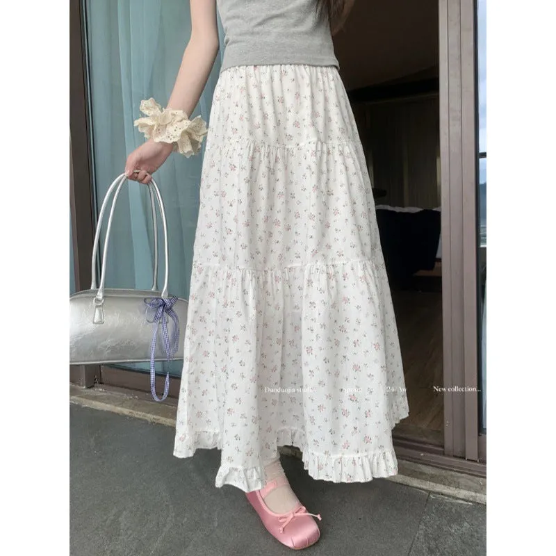 Territory 90s fashion Sweet Floral Wooden Ear Cake Skirt Women's Summer Skirt Slimming High Waist A- line Skirt Mid-Length Umbrella Skirt