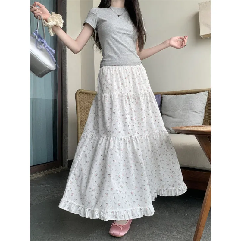 Territory 90s fashion Sweet Floral Wooden Ear Cake Skirt Women's Summer Skirt Slimming High Waist A- line Skirt Mid-Length Umbrella Skirt