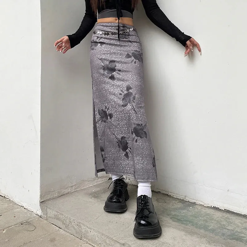 Vintage Flowers Printing Long Skirt Tie Dye Slim Side Slit 2000s Aesthetic Y2K Women Skirts Holidays Grunge Clothing