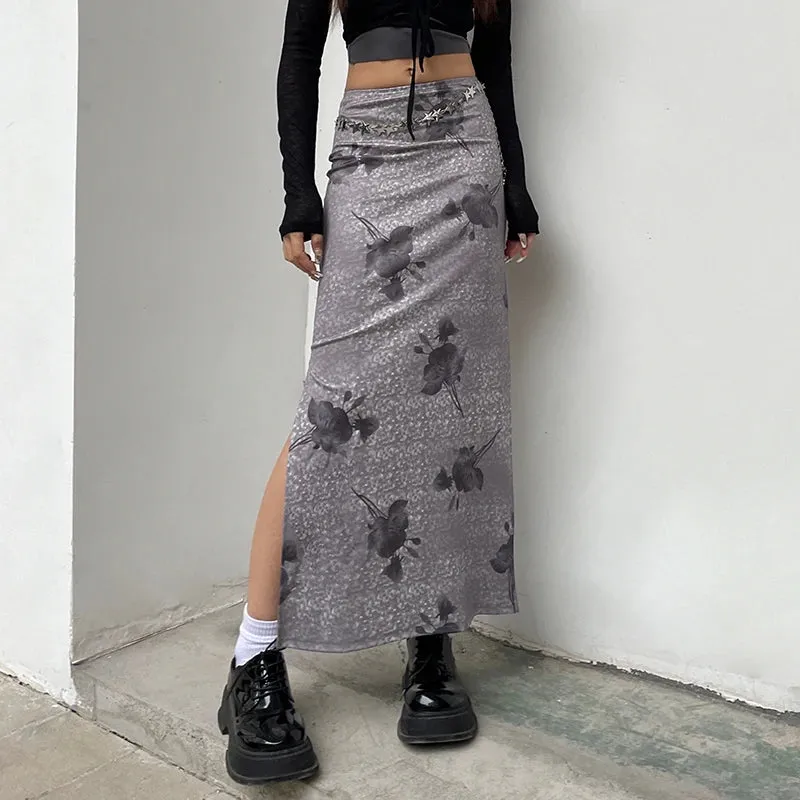 Vintage Flowers Printing Long Skirt Tie Dye Slim Side Slit 2000s Aesthetic Y2K Women Skirts Holidays Grunge Clothing