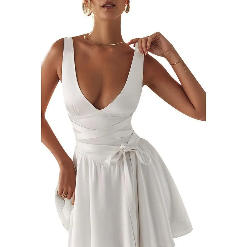 Wenkouban white dress Collar Satin Lace-up Dress Summer New Sexy Slimming Waist Skirt