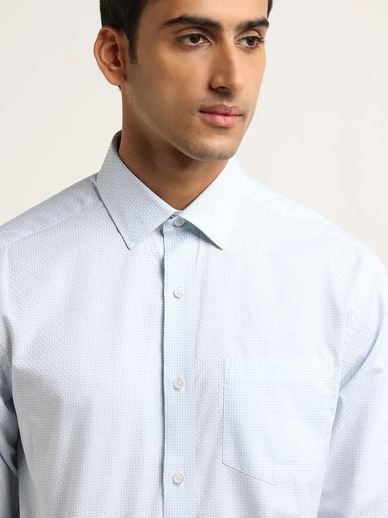 WES Formals Light Blue Checkered Print Cotton Relaxed Fit Shirt