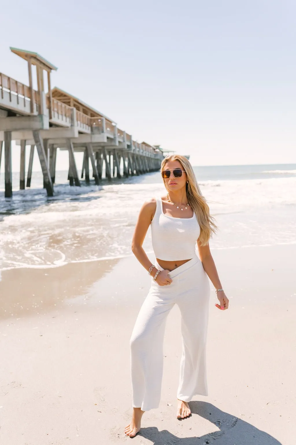 White Ribbed Wide Leg Pants - FINAL SALE