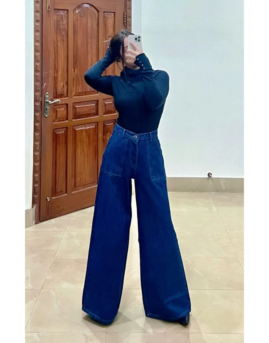 Wide Leg Flap Pocket Jeans in Dark Wash