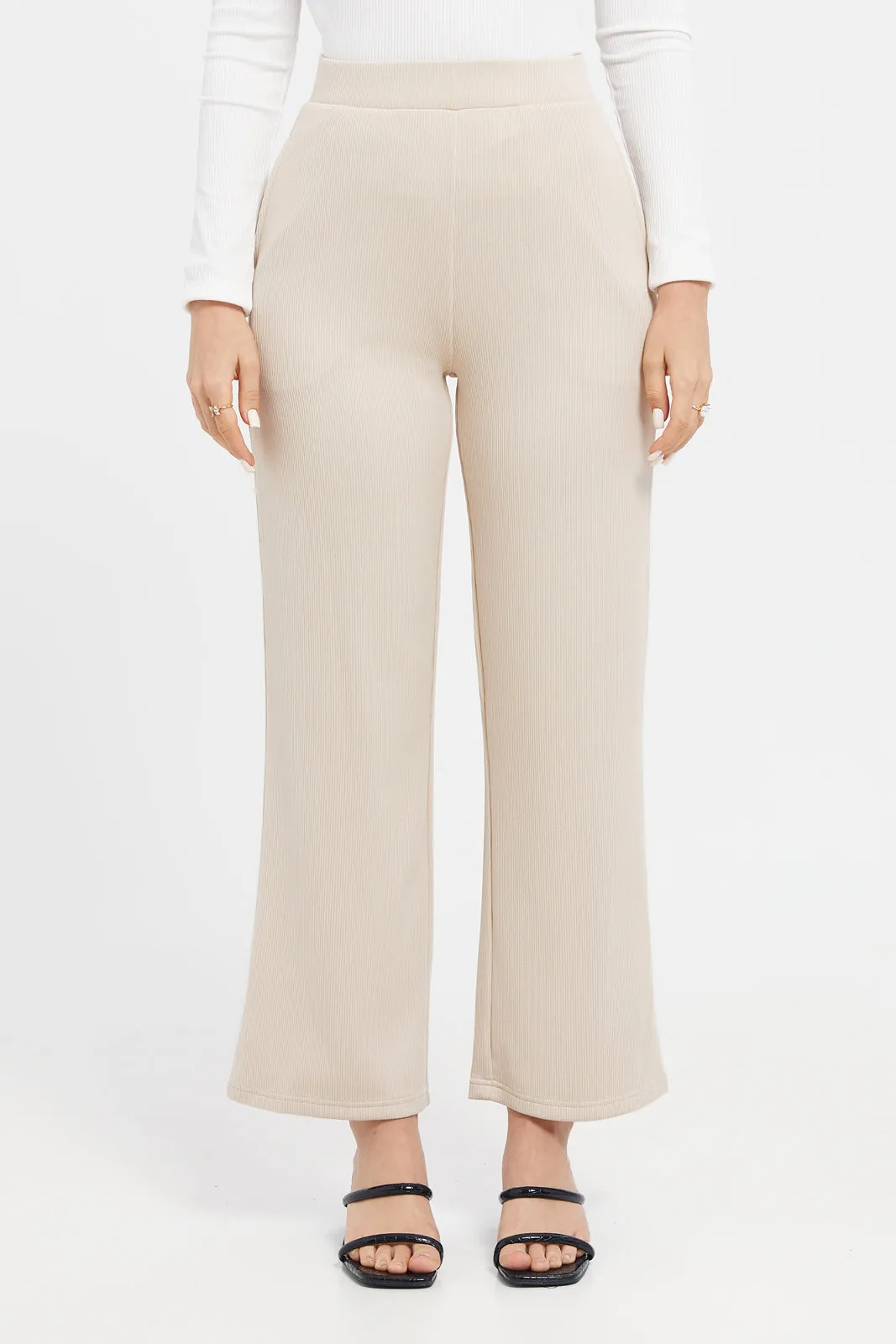 Women Beige Straight Trousers