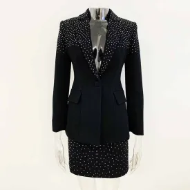 Women Black Bling Bling Hot Drill Studs Fitted Blazer   Mini Skirt Suit Black