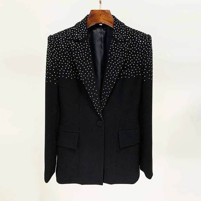 Women Black Bling Bling Hot Drill Studs Fitted Blazer   Mini Skirt Suit Black