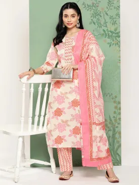 Women White Floral Printed Regular Pure Cotton Kurta With Trousers & Dupatta