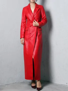 Women's Ruby Red Extra Long Faux Leather Overcoat